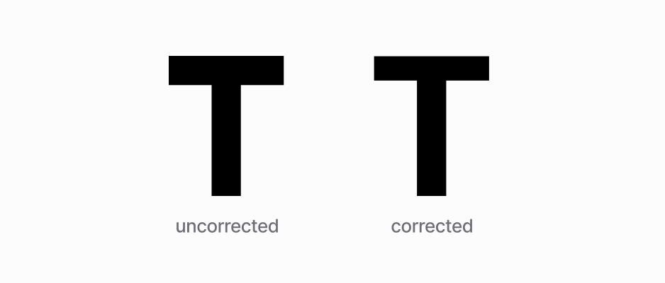 The optical correction for capital letter T, with the horizontal stroke slightly thinner than the vertical one