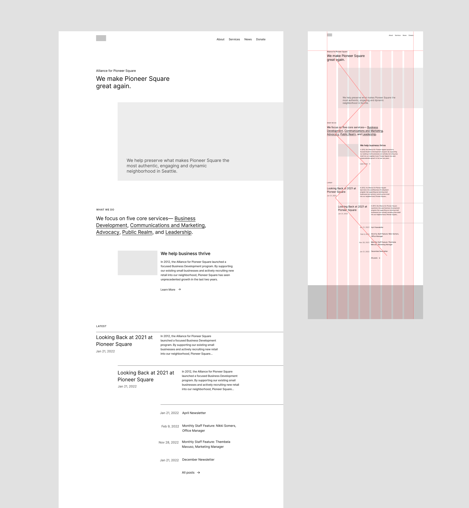 Homepage wireframe with asymmetric grid, v1