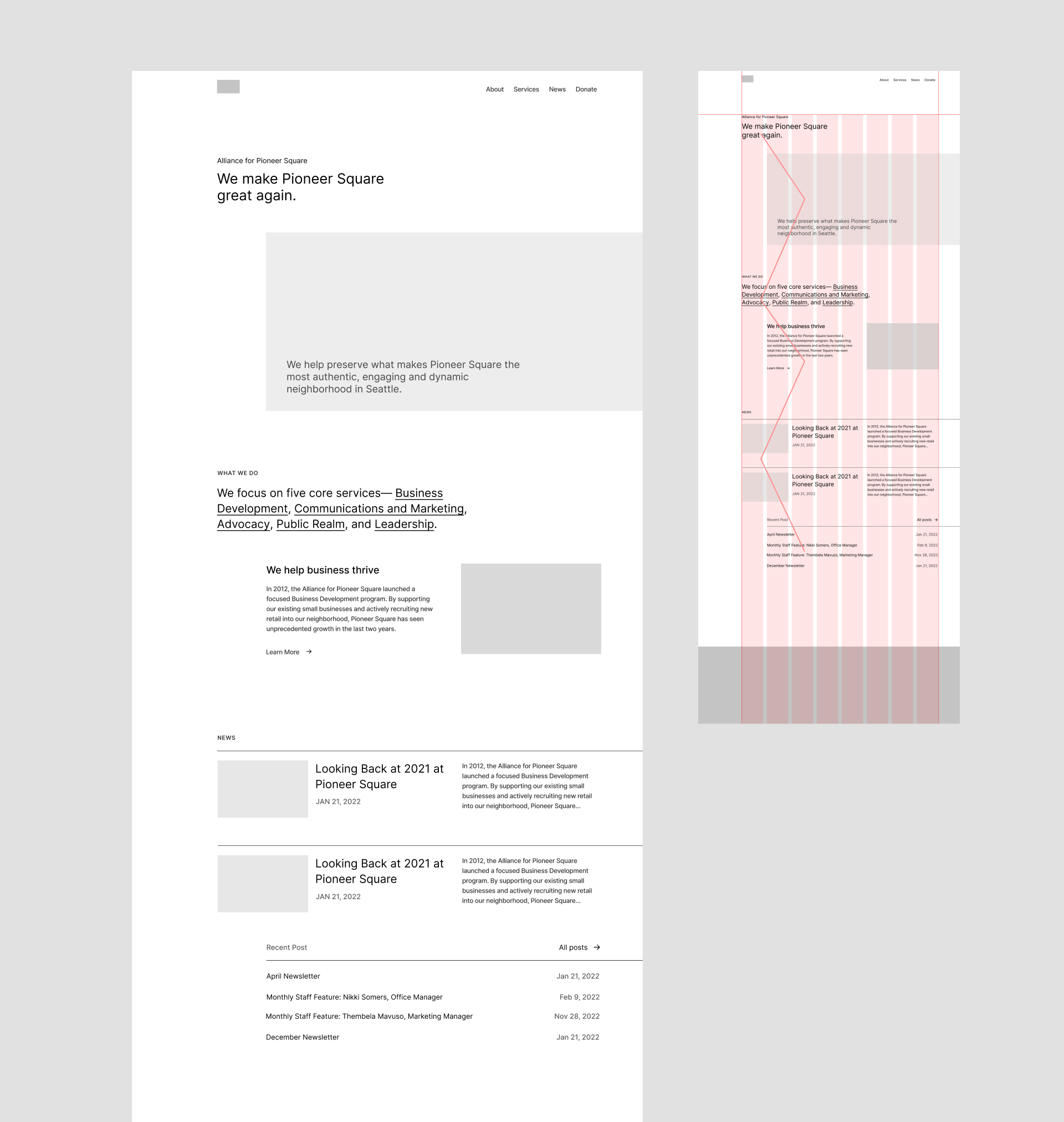 Homepage wireframe with asymmetric grid, v2