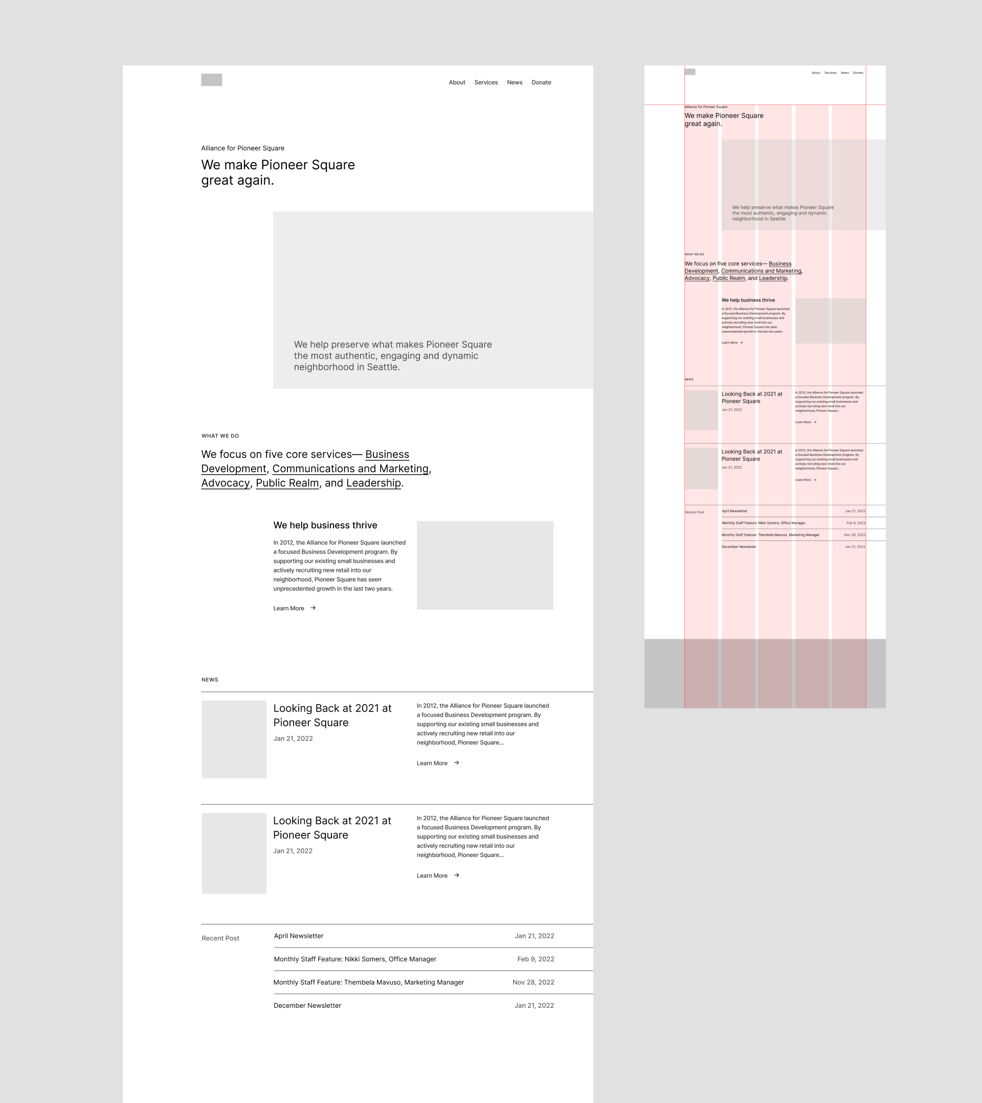 Homepage wireframe with asymmetric grid, v3
