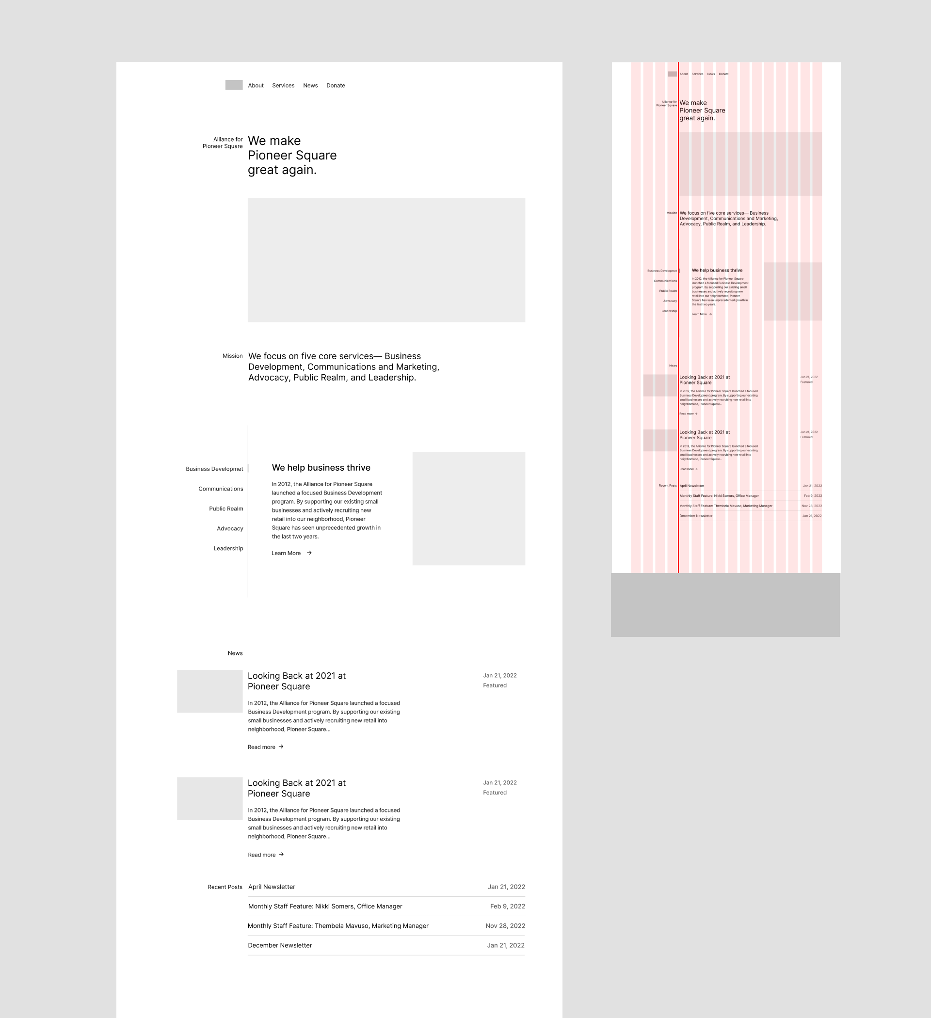 Homepage wireframe with the axial grid, v1