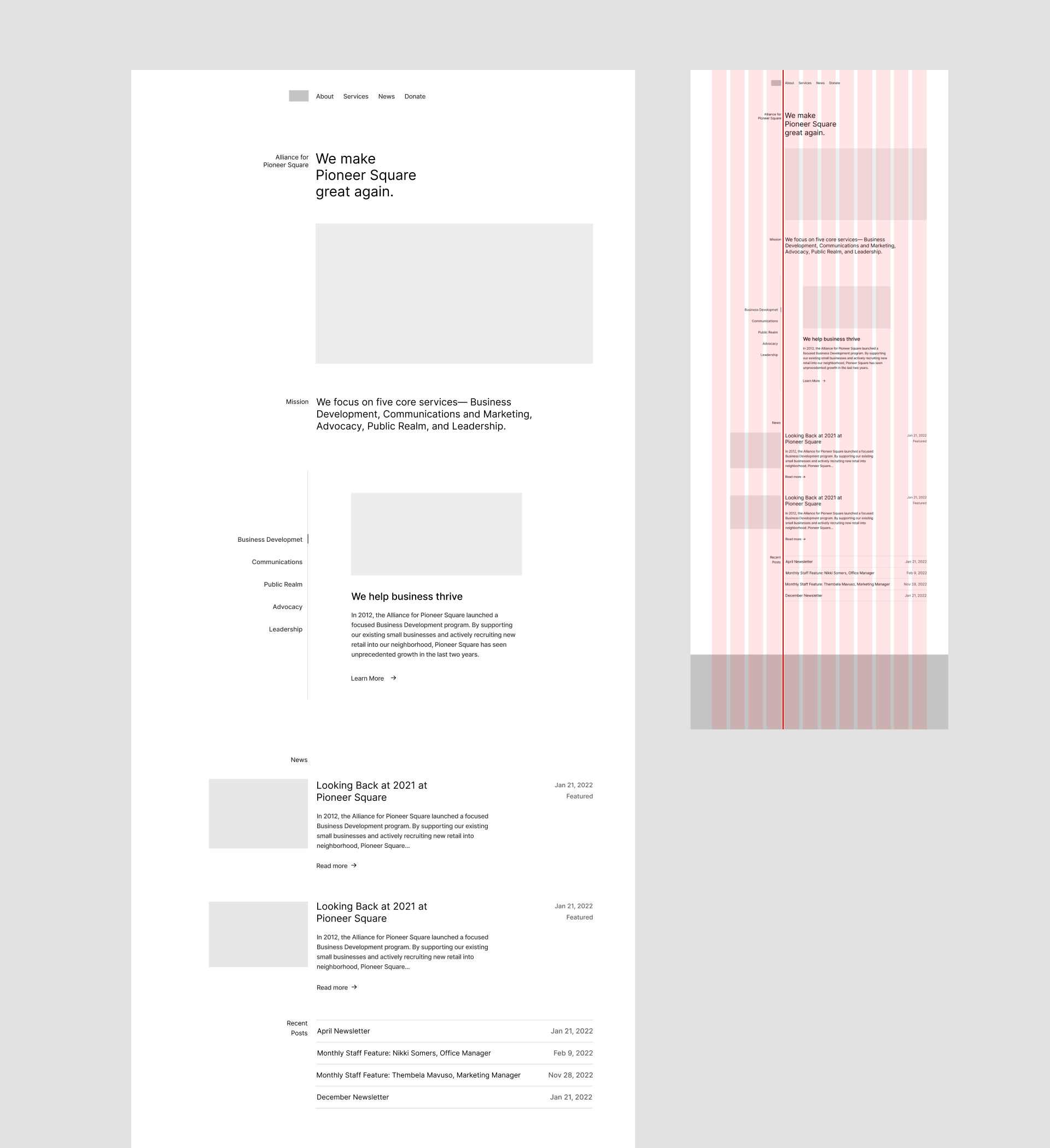 Homepage wireframe with the axial grid, v2