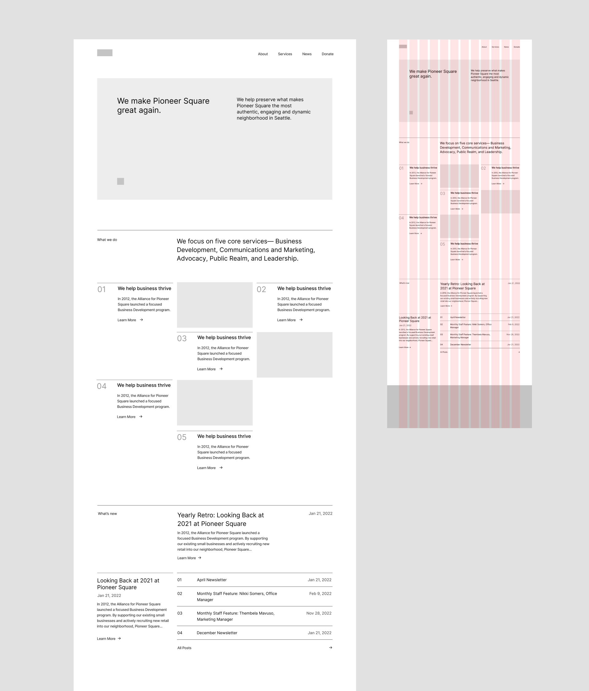 Homepage wireframe with the modular grid, v2